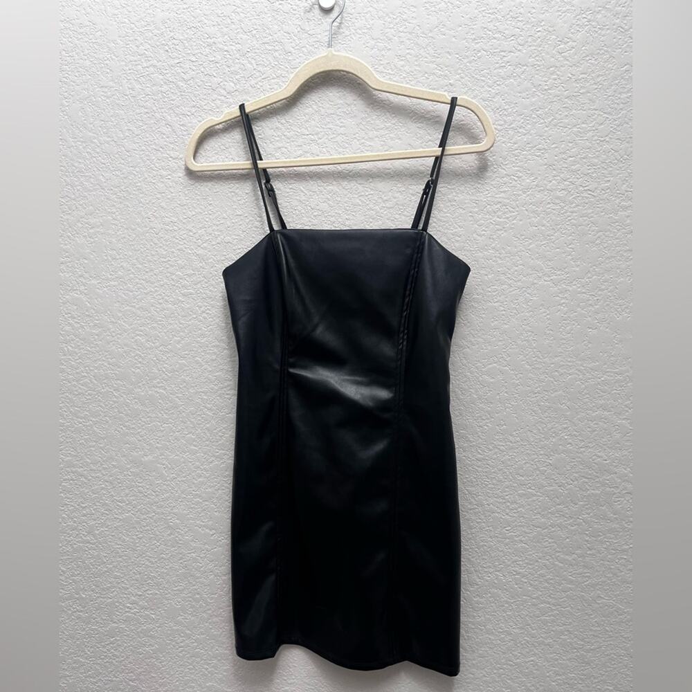 Stitch and Pine Faux Leather Mini Dress Black Size M Square Neck Spaghetti Strap